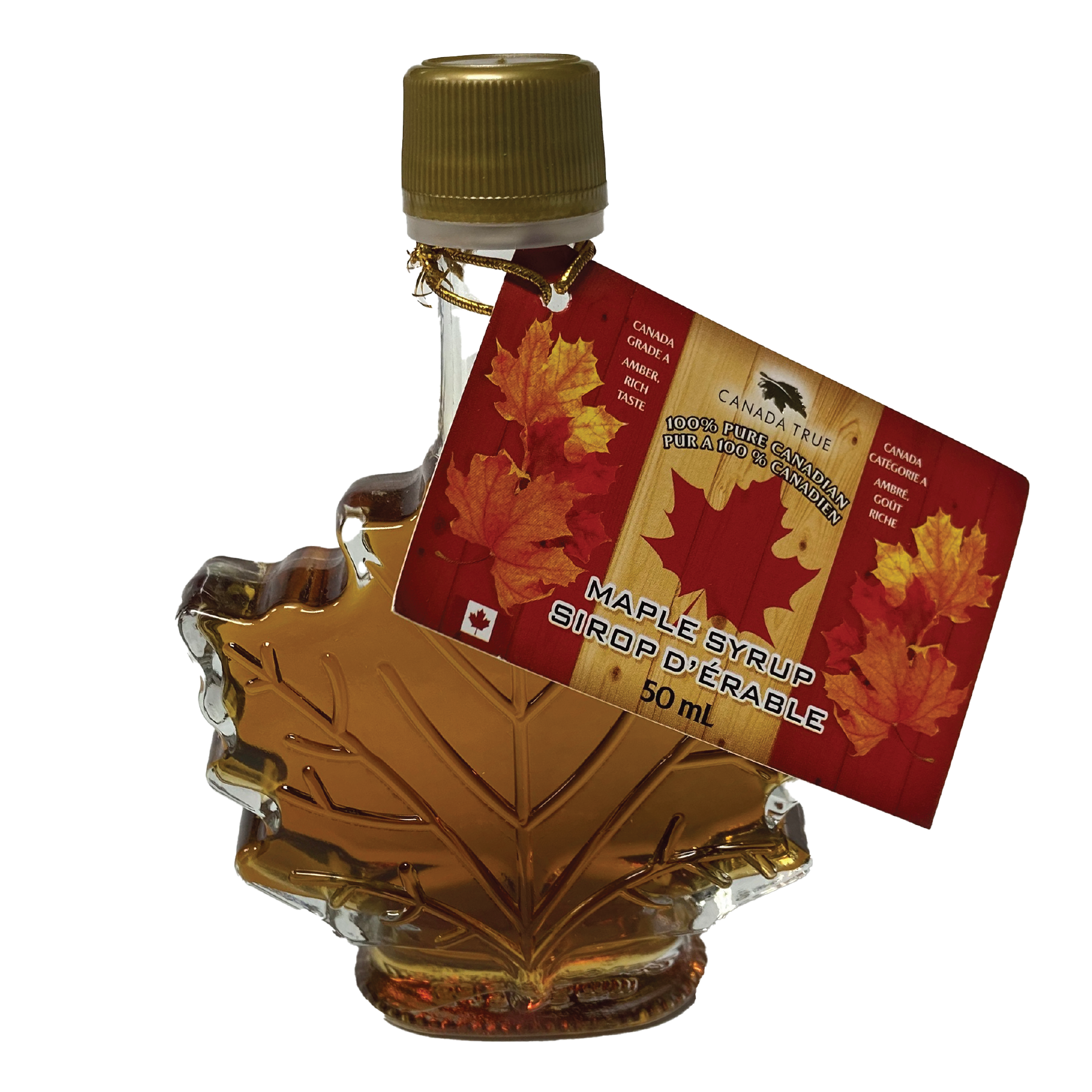 Maple Syrup in a 50 ml Maple Leaf sculpted glass bottle.