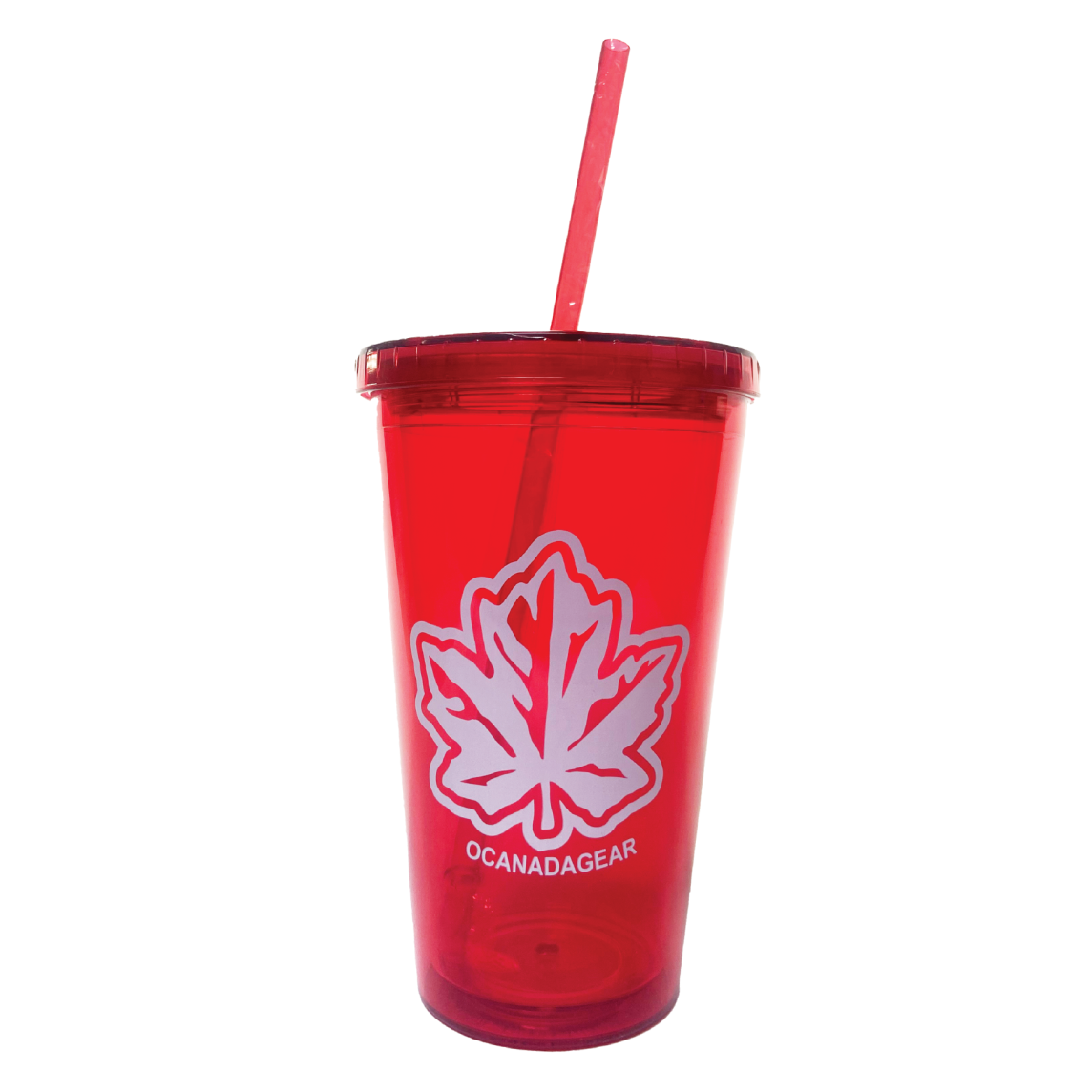 OCG Maple Leaf Plastic Cup Tumbler with Straw in Red