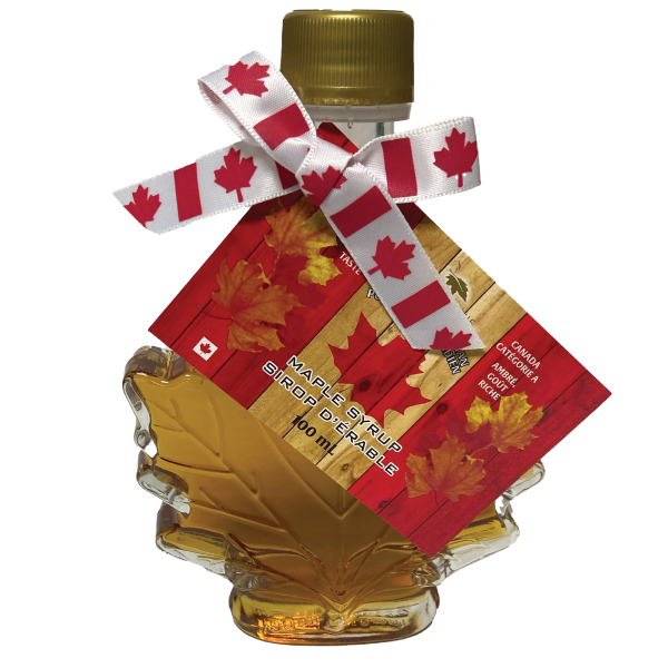 Maple Syrup in a 100ml Maple Leaf sculpted glass bottle.